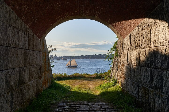 Inside Fort Scammel's sally port looking back towards Portland's harbor. This is the entrance into the island and the beginning of your private island experience!